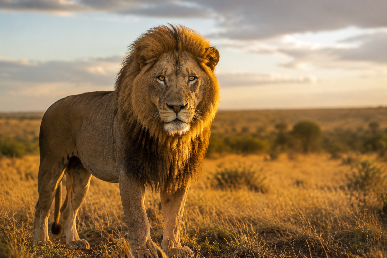 Leone nella savana del Kenya al tramonto
