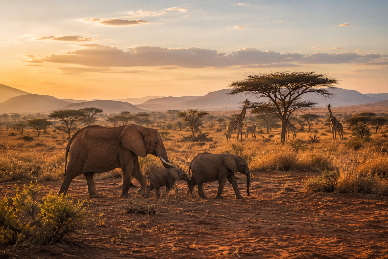Elefanti e giraffe nella savana del Kenya al tramonto